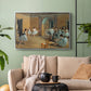 Silver floater framed canvas featuring an elegant rehearsal space with dancers in soft lighting, displayed above a sofa in a modern living room.
