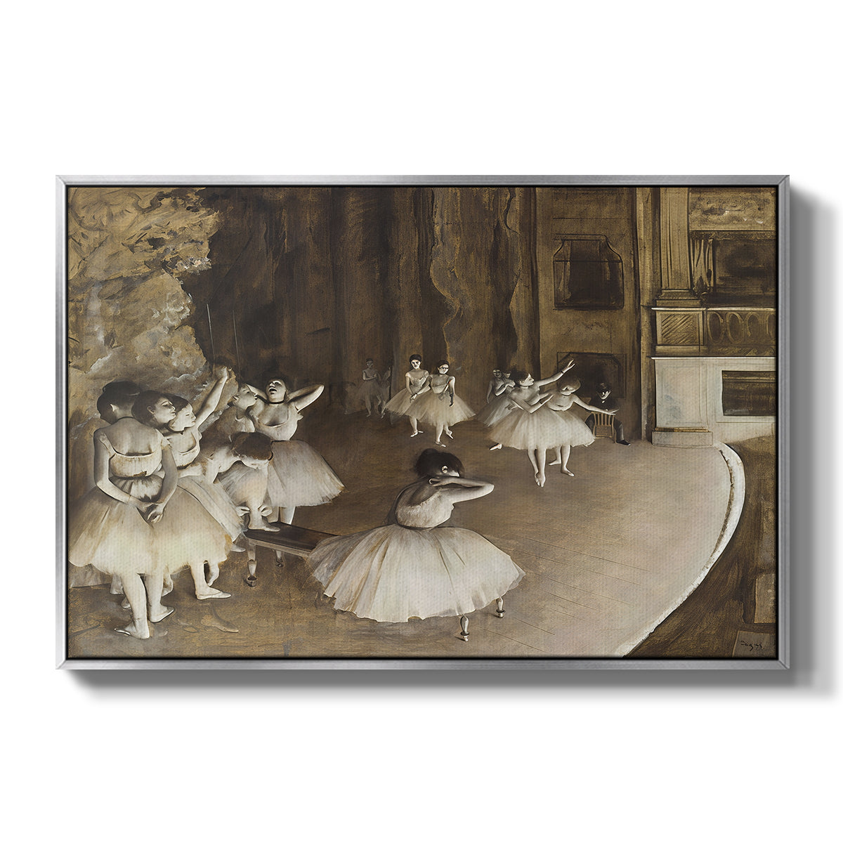The Rehearsal of the Ballet Onstage, 1874 by Edgar Degas in a silver floater framed canvas wall art display.
