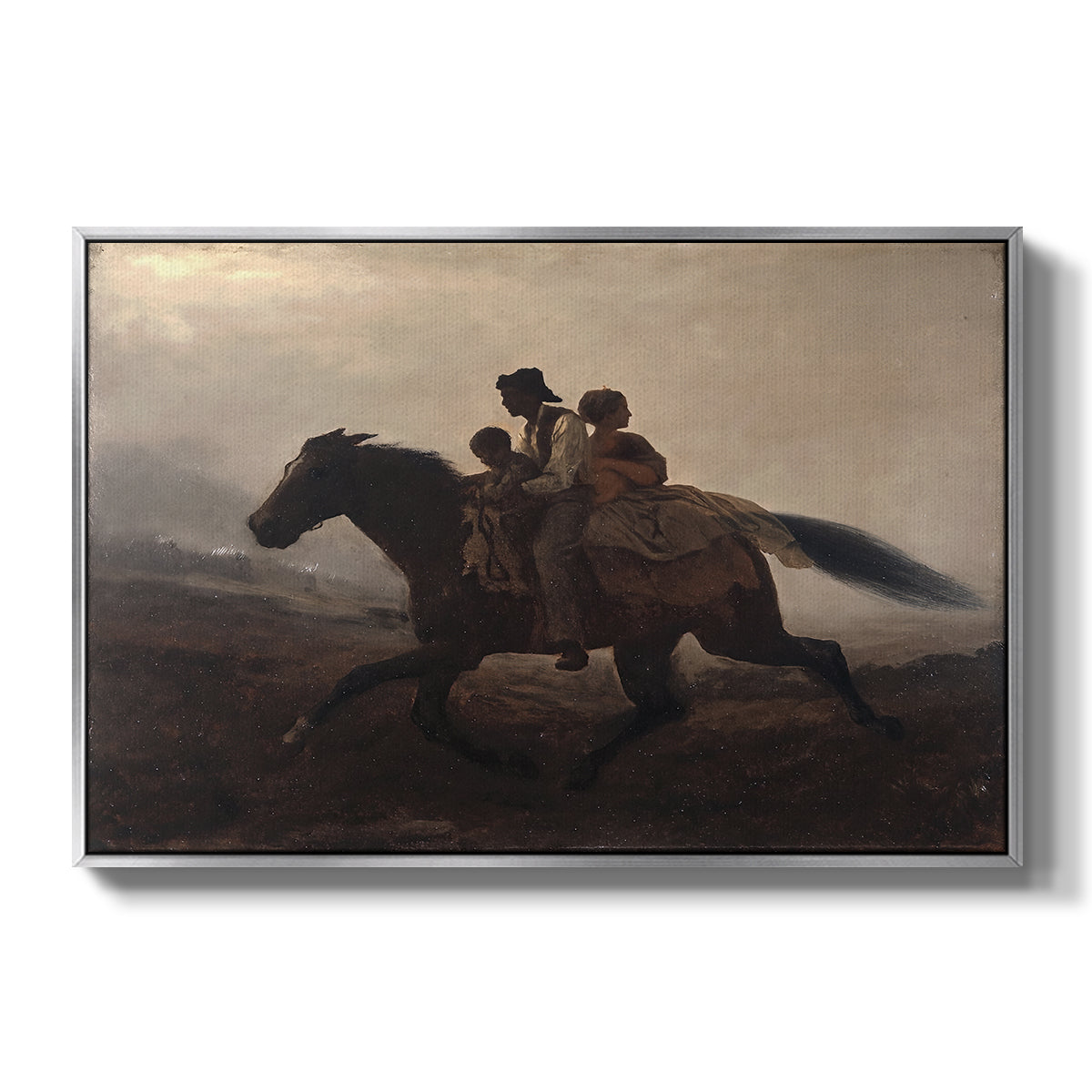 A Ride for Liberty – The Fugitive Slaves, c. 1862 by Eastman Johnson in a silver floater framed canvas wall art display.
