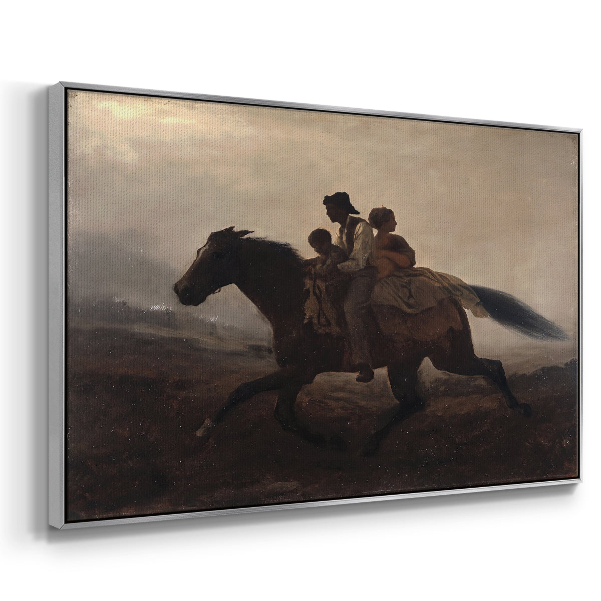 Angled view of A Ride for Liberty – The Fugitive Slaves, c. 1862 by Eastman Johnson in a silver floater framed canvas.