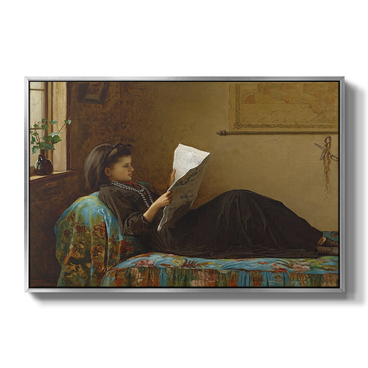 Interesting News, 1872 by Eastman Johnson in a silver floater framed canvas wall art display.