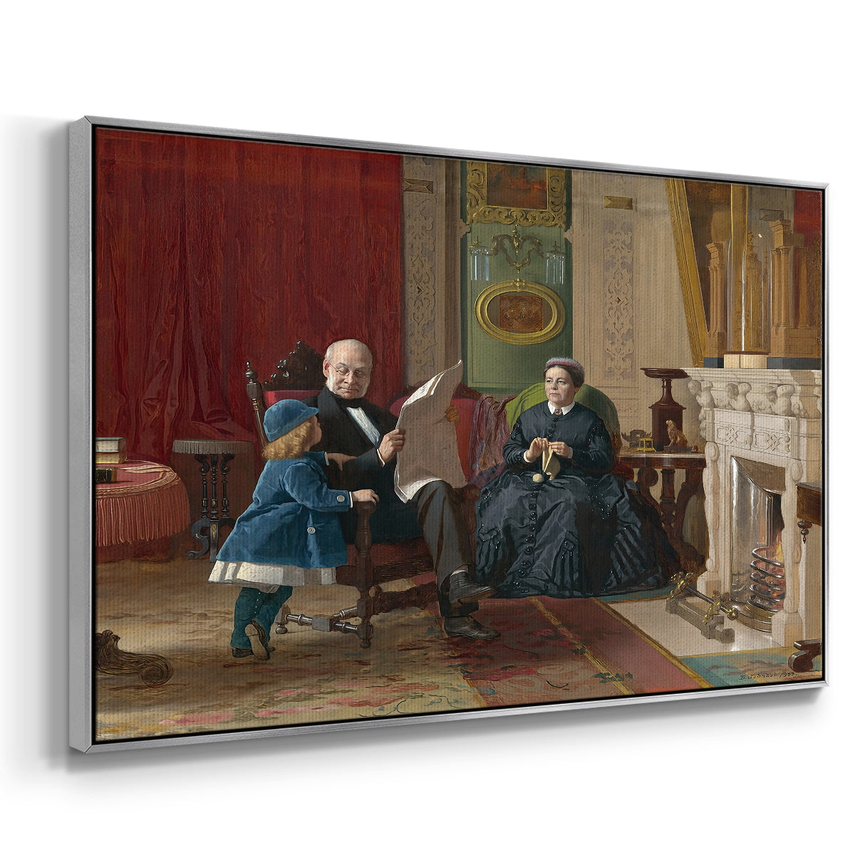 Angled view of The Brown Family, 1869 by Eastman Johnson in a silver floater framed canvas.
