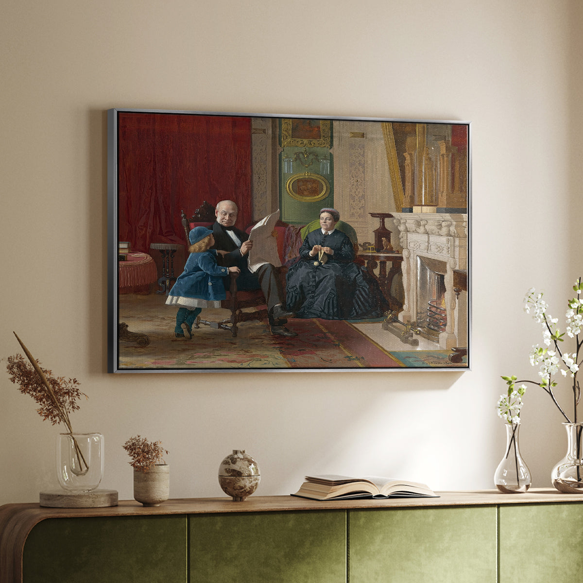 Silver floater framed canvas of The Brown Family, 1869 by Eastman Johnson, featuring a domestic portrait of group gathered in modest home setting above a sideboard in a softly lit hallway.