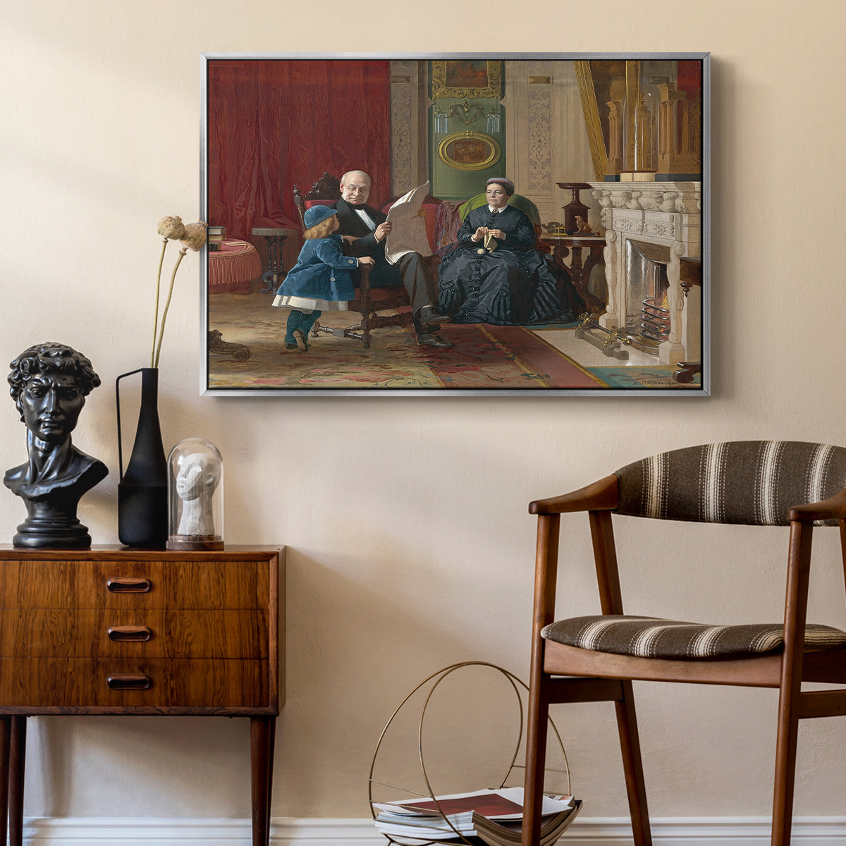The Brown Family, 1869 by Eastman Johnson as a silver floater framed canvas featuring an Americana scene with figures sitting and interacting indoors, styled above a mid-century console in a contemporary living area.