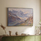 Silver floater framed canvas of Odenwinklkees with the Johannisberg, 1902 by Edward Theodore Compton, featuring a mountain scene with glacier stretching through rocky valley above a sideboard in a softly lit hallway.