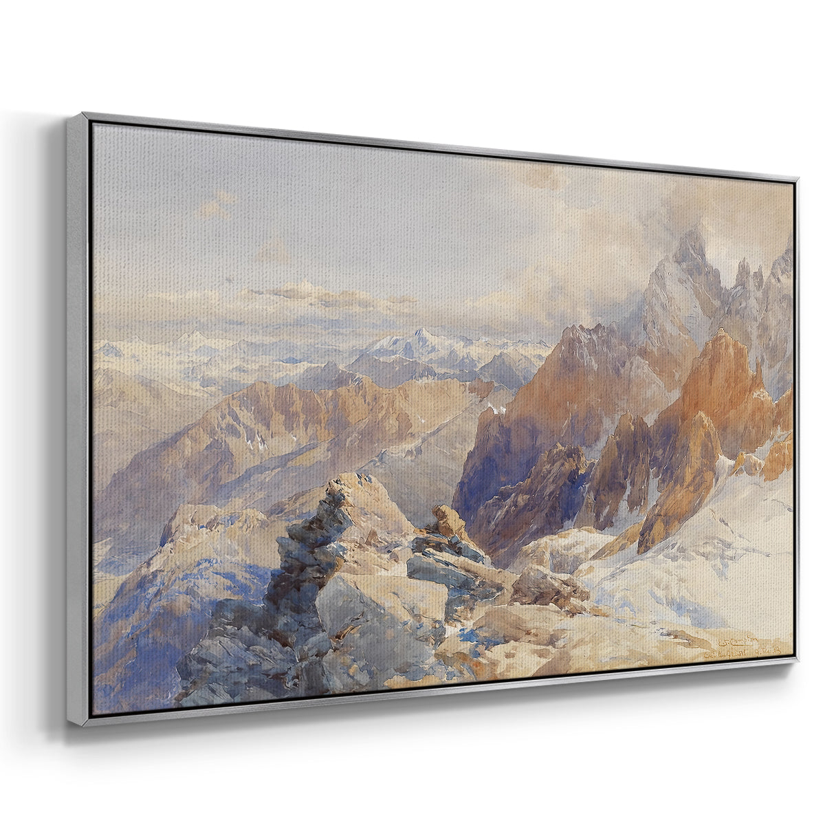 Angled view of Col du Géant, 1903 by Edward Theodore Compton in a silver floater framed canvas.