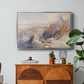 Col du Géant, 1903 by Edward Theodore Compton in a silver floater framed canvas featuring a mountain pass with snow-covered peaks and expansive alpine valley, displayed above a wood console cabinet.