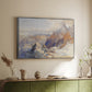 Silver floater framed canvas of Col du Géant, 1903 by Edward Theodore Compton, featuring a high mountain landscape featuring dramatic ridges and glacier terrain above a sideboard in a softly lit hallway.