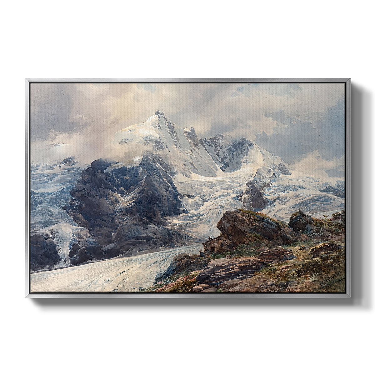 The Grossglockner, 1880 by Edward Theodore Compton in a silver floater framed canvas wall art display.