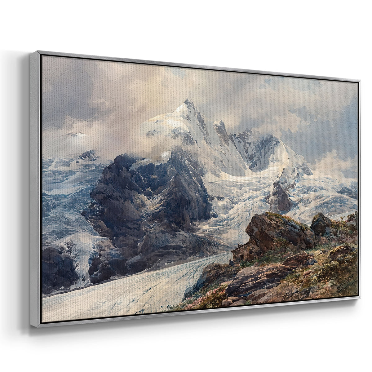 Angled view of The Grossglockner, 1880 by Edward Theodore Compton in a silver floater framed canvas.