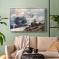 Silver floater framed canvas featuring an alpine peak dominating surrounding terrain, displayed above a sofa in a modern living room.