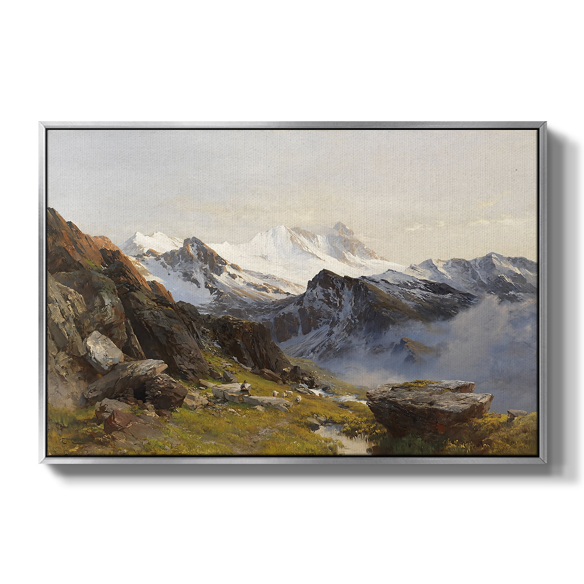 The Großglockner from the Prager Hut, 1890 by Edward Theodore Compton in a silver floater framed canvas wall art display.