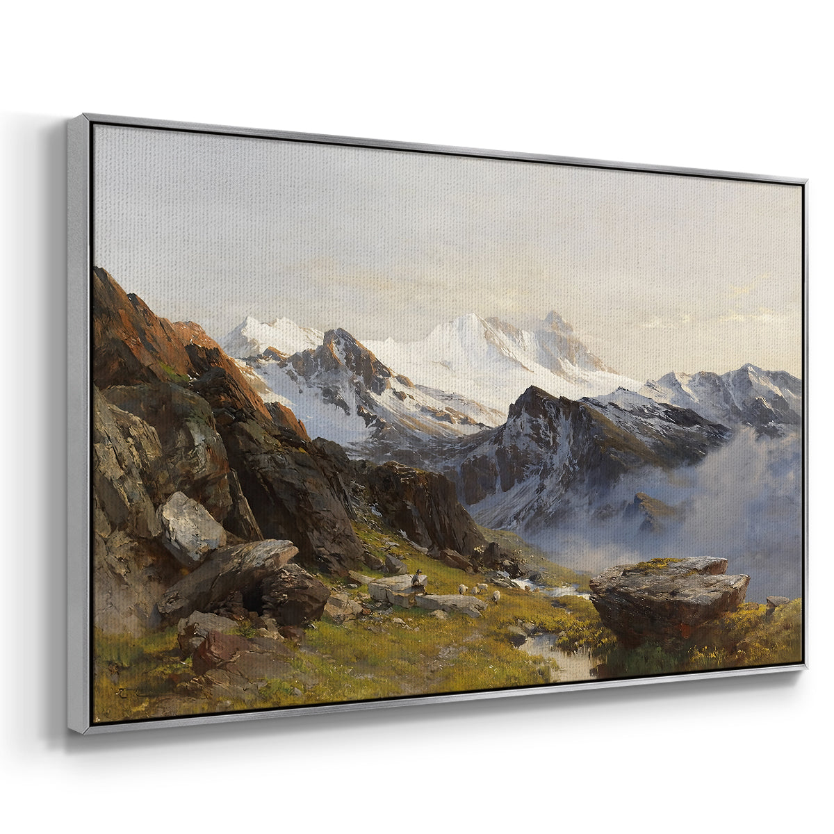 Angled view of The Großglockner from the Prager Hut, 1890 by Edward Theodore Compton in a silver floater framed canvas.
