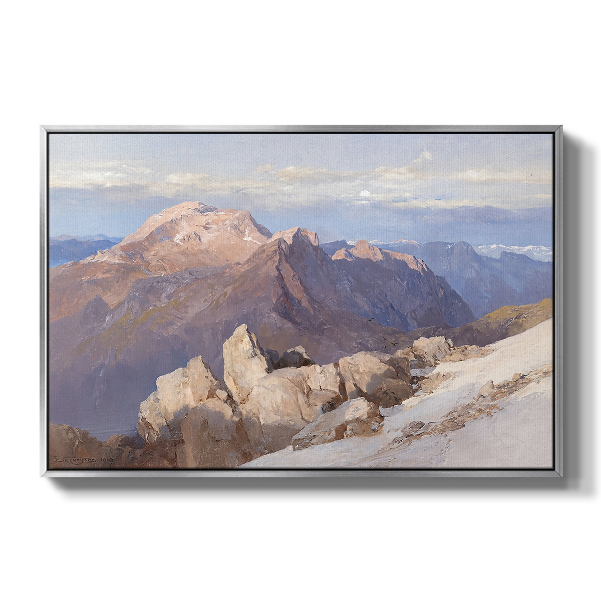 Hoher Göll from Watzmann-Hocheck, 1919 by Edward Theodore Compton in a silver floater framed canvas wall art display.