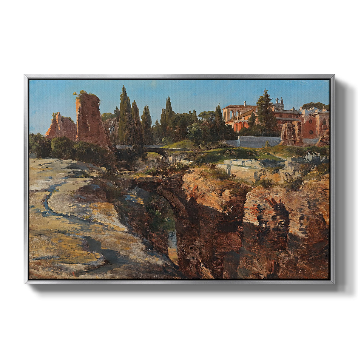 Palatine in Rome, c. 1921 by Edward Theodore Compton in a silver floater framed canvas wall art display.