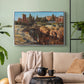 Silver floater framed canvas featuring a detailed depiction of historic Roman architecture, displayed above a sofa in a modern living room.