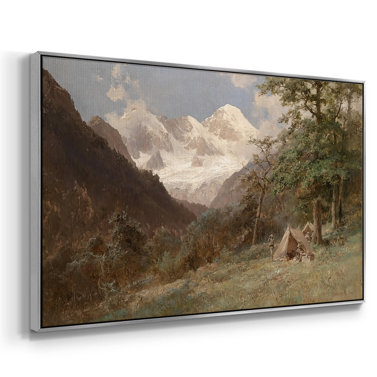 Angled view of Landscape in the Caucasus, c. 1921 by Edward Theodore Compton in a silver floater framed canvas.
