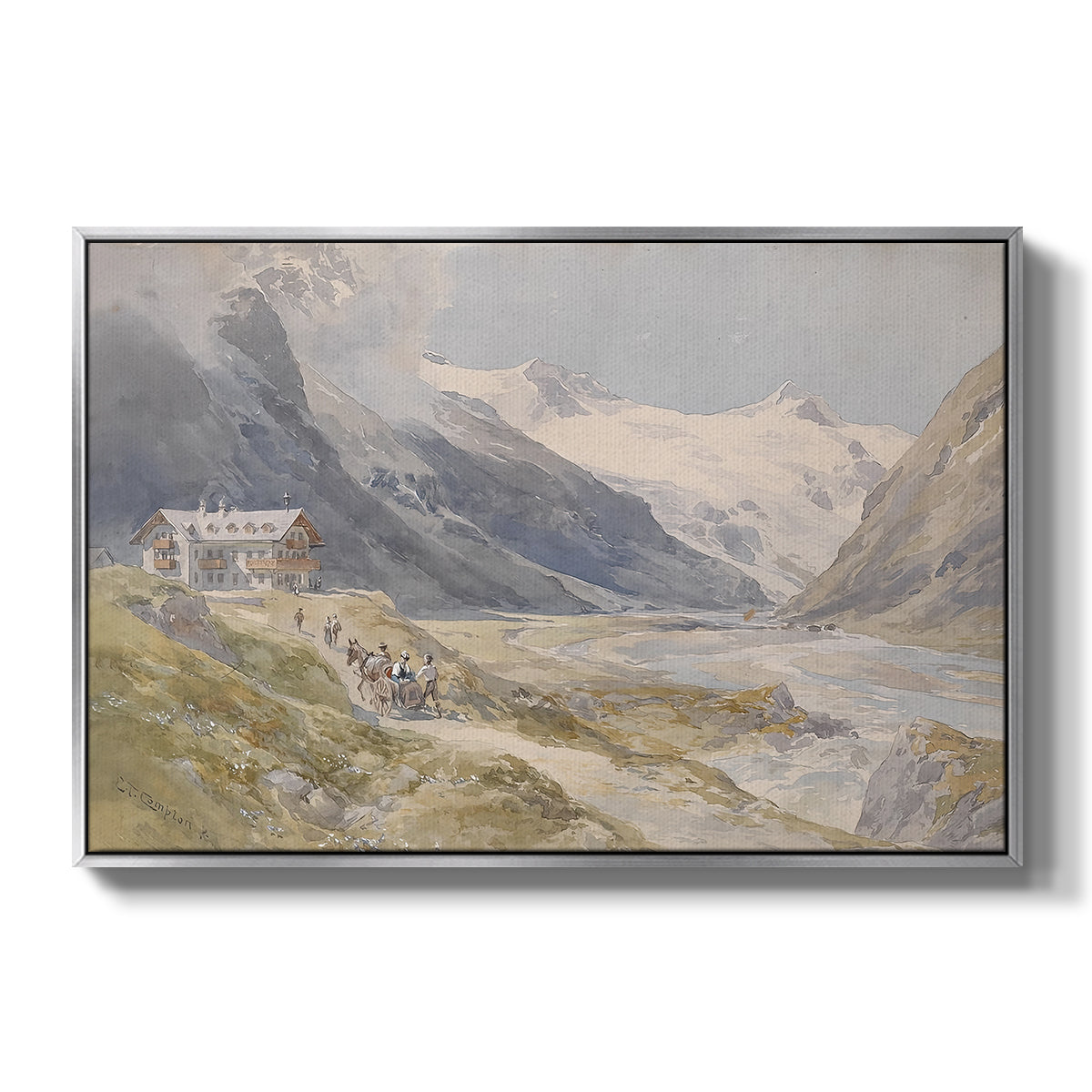 Shepherds (Pasterze), c. 1921 by Edward Theodore Compton in a silver floater framed canvas wall art display.