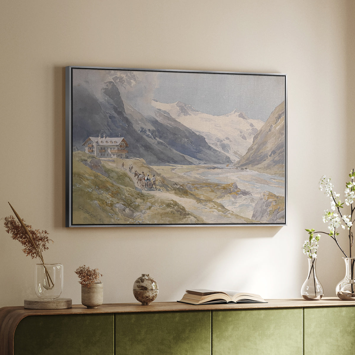 Silver floater framed canvas of Shepherds (Pasterze), c. 1921 by Edward Theodore Compton, featuring a pastoral mountain scene with figures tending livestock above a sideboard in a softly lit hallway.