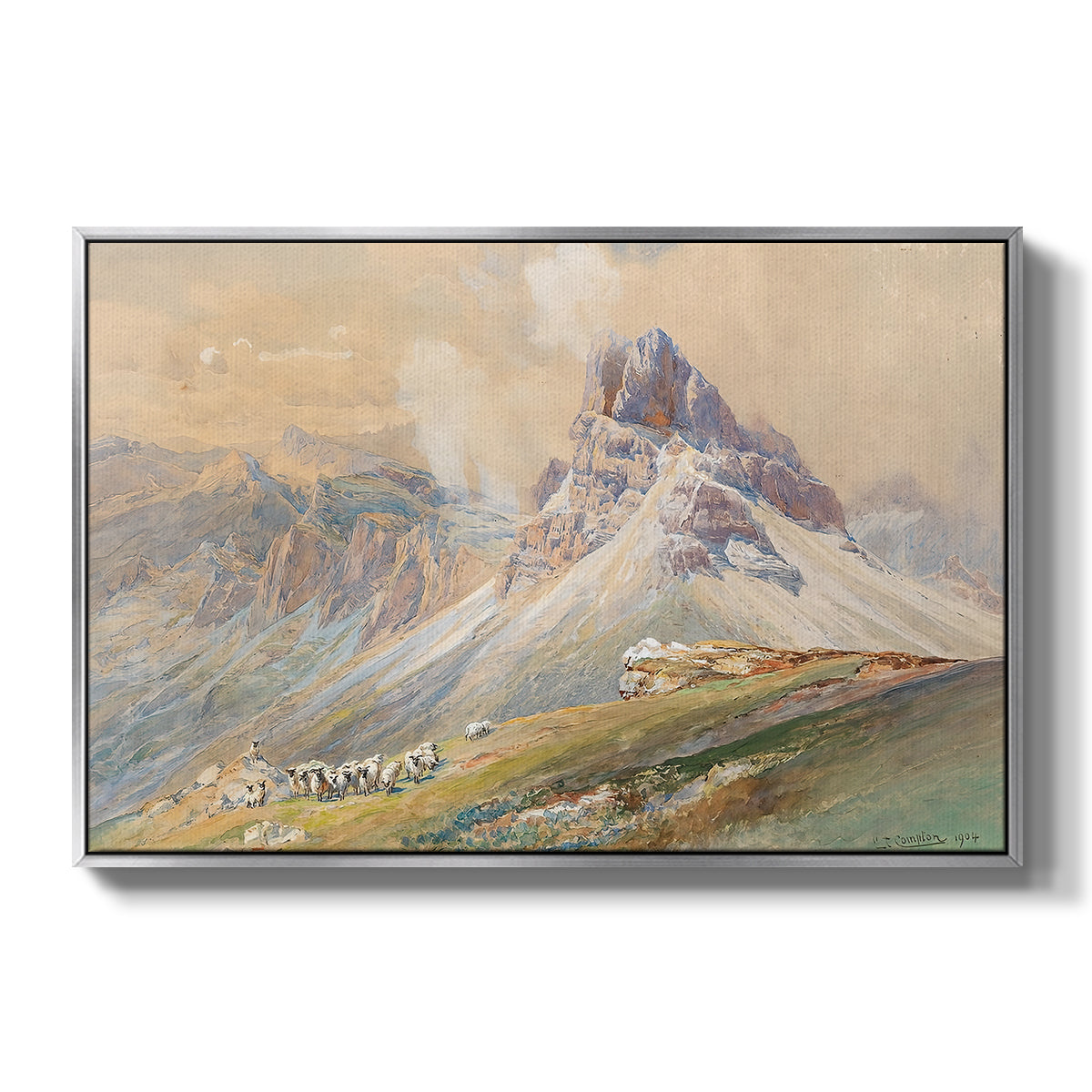 From the Dolomites, 1904 by Edward Theodore Compton in a silver floater framed canvas wall art display.