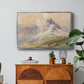 From the Dolomites, 1904 by Edward Theodore Compton in a silver floater framed canvas featuring dramatic Dolomite mountain peaks rising above rugged terrain, displayed above a wood console cabinet.