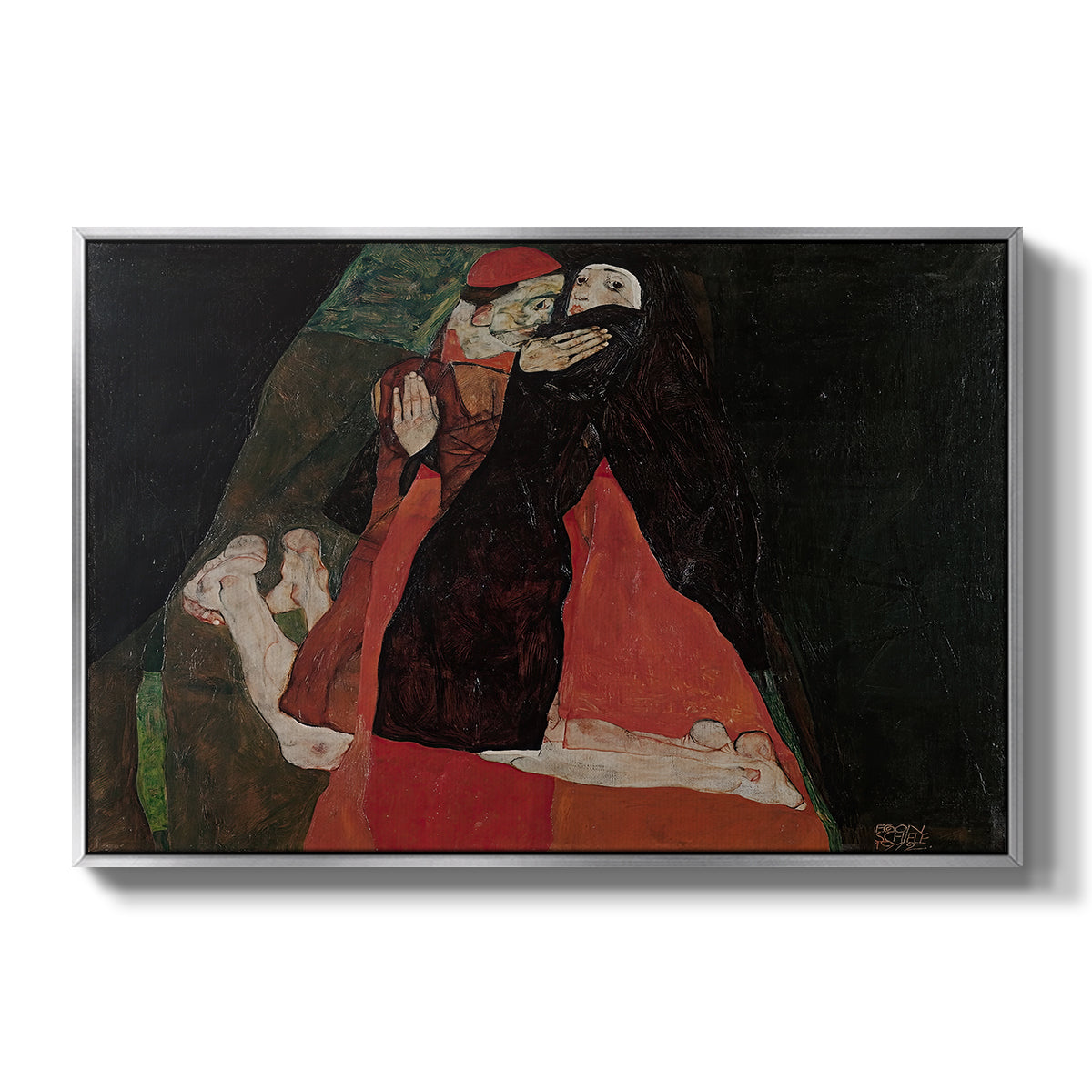 Cardinal and Nun (Caress), 1912 by Egon Schiele in a silver floater framed canvas wall art display.