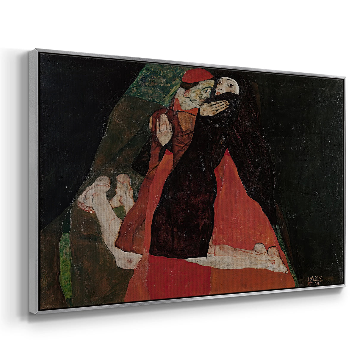Angled view of Cardinal and Nun (Caress), 1912 by Egon Schiele in a silver floater framed canvas.