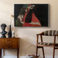 Cardinal and Nun (Caress), 1912 by Egon Schiele as a silver floater framed canvas featuring an expressive painting of figures entwined with bold lines and color, styled above a mid-century console in a contemporary living area.