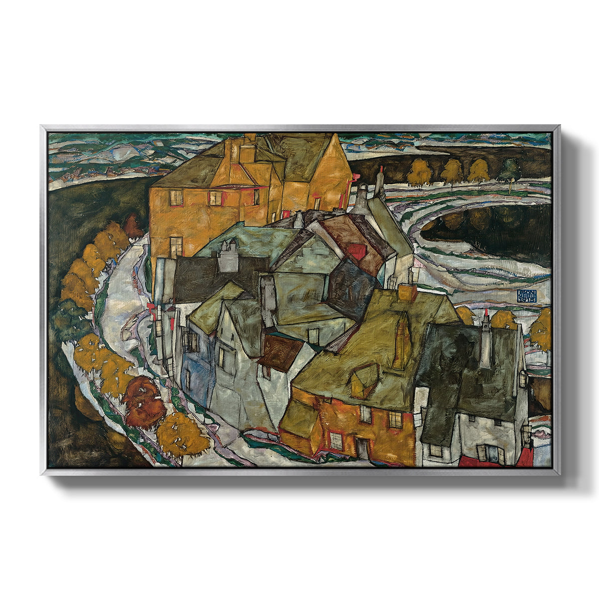 Crescent of Houses II (Island Town), 1915 by Egon Schiele in a silver floater framed canvas wall art display.