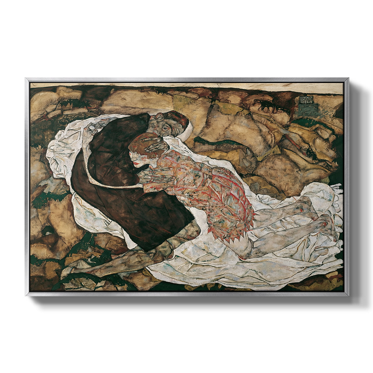 Death and the Maiden, 1915 by Egon Schiele in a silver floater framed canvas wall art display.