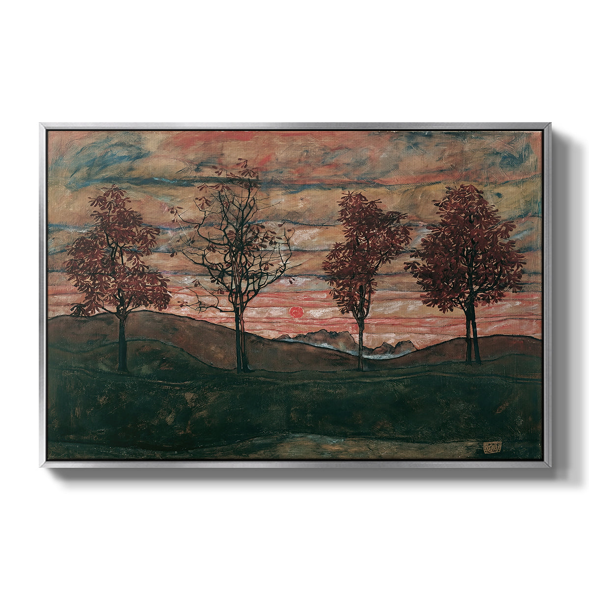 Four Trees, 1917 by Egon Schiele in a silver floater framed canvas wall art display.