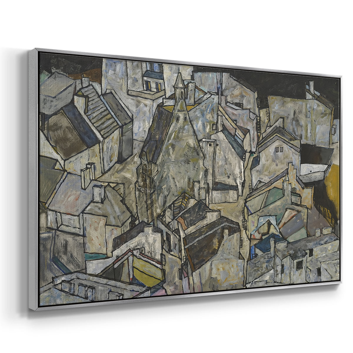 Angled view of Mödling II, 1918 by Egon Schiele in a silver floater framed canvas.