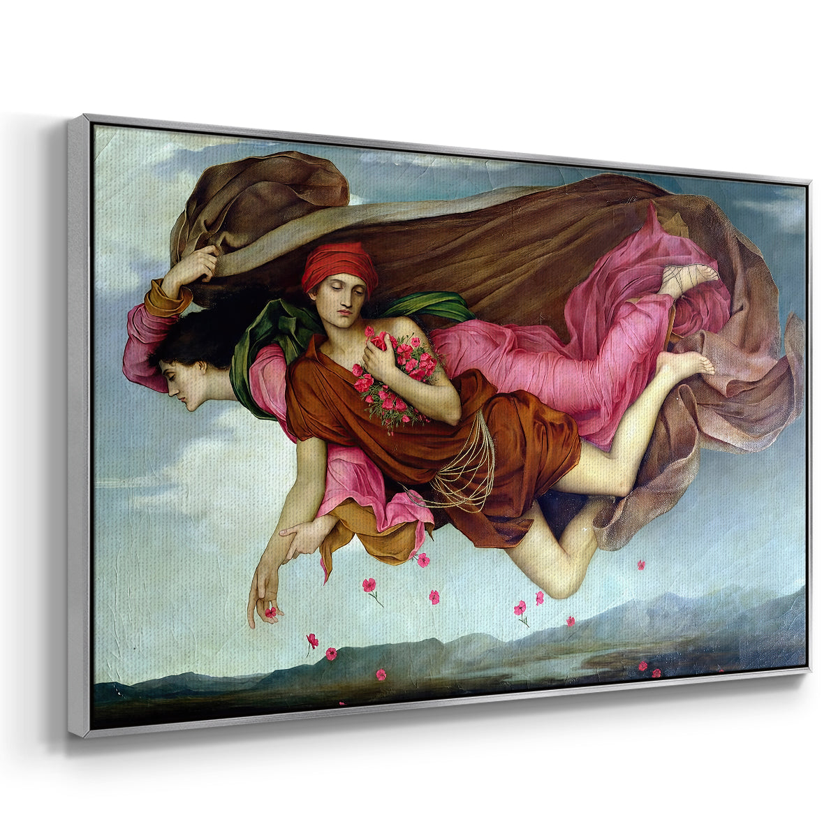 Angled view of Night and Sleep, 1878 by Evelyn De Morgan in a silver floater framed canvas.