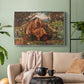 Silver floater framed canvas featuring an emotional scene representing torment and spiritual struggle, displayed above a sofa in a modern living room.