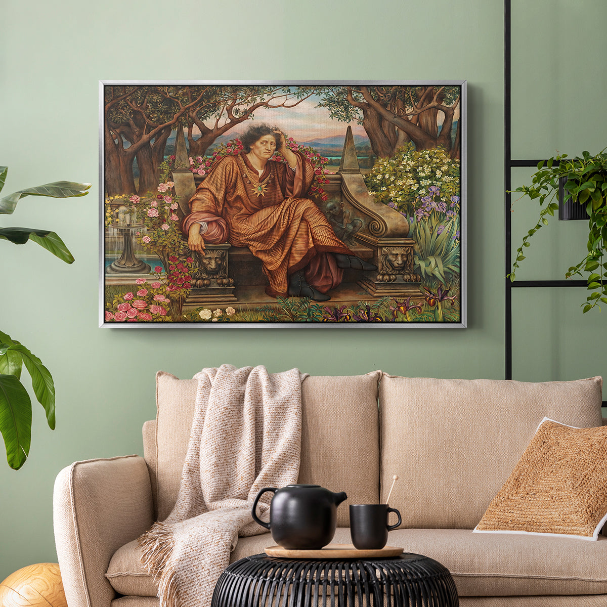 Silver floater framed canvas featuring an emotional scene representing torment and spiritual struggle, displayed above a sofa in a modern living room.