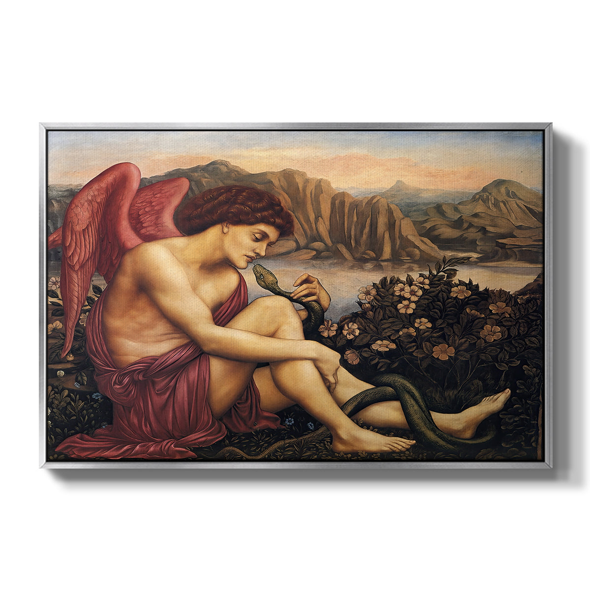 The Angel with the Serpent, c. 1870-1875 by Evelyn De Morgan in a silver floater framed canvas wall art display.