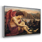Angled view of The Angel with the Serpent, c. 1870-1875 by Evelyn De Morgan in a silver floater framed canvas.