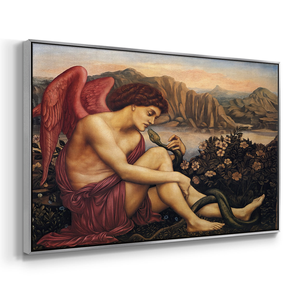 Angled view of The Angel with the Serpent, c. 1870-1875 by Evelyn De Morgan in a silver floater framed canvas.