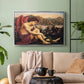 Silver floater framed canvas featuring a symbolic imagery of purity overcoming evil forces, displayed above a sofa in a modern living room.