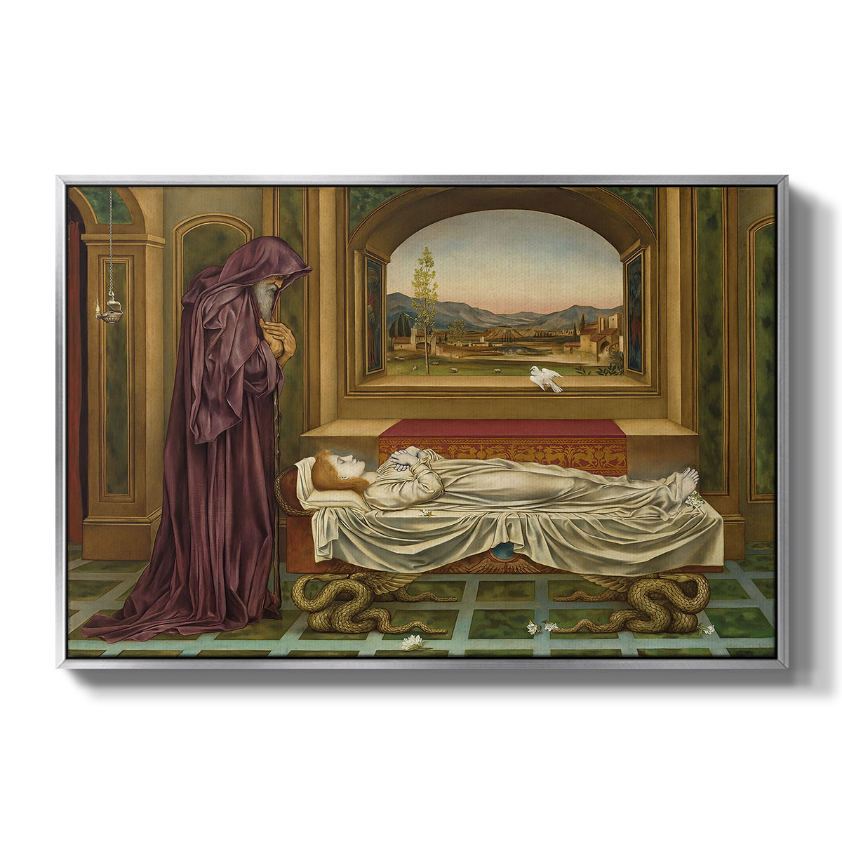 The Wandering Jew: Whom the Gods Love Die Young, 1888 by Evelyn De Morgan in a silver floater framed canvas wall art display.
