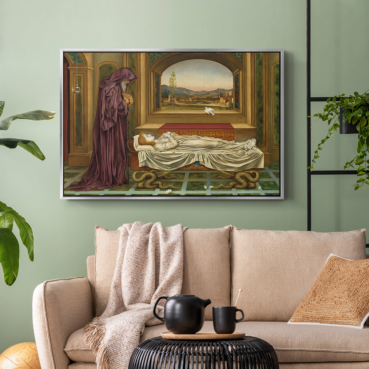 Silver floater framed canvas featuring a narrative composition with figure paused in reflective moment, displayed above a sofa in a modern living room.