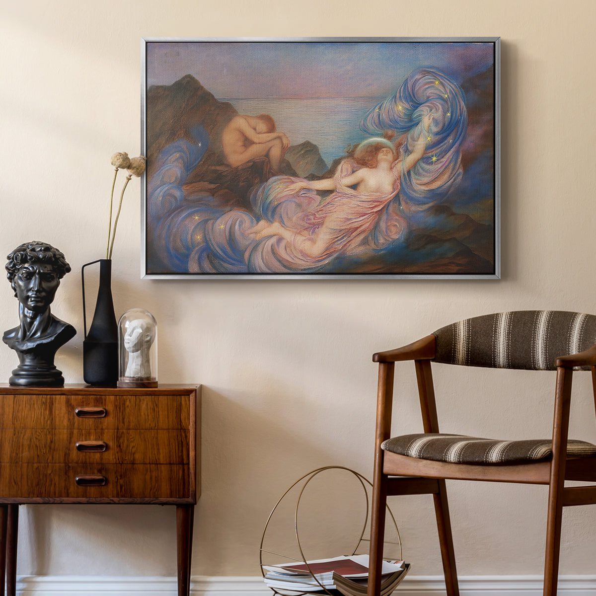 Twilight, 1914 by Evelyn De Morgan as a silver floater framed canvas featuring a dreamlike composition with woman in fading light, styled above a mid-century console in a contemporary living area.