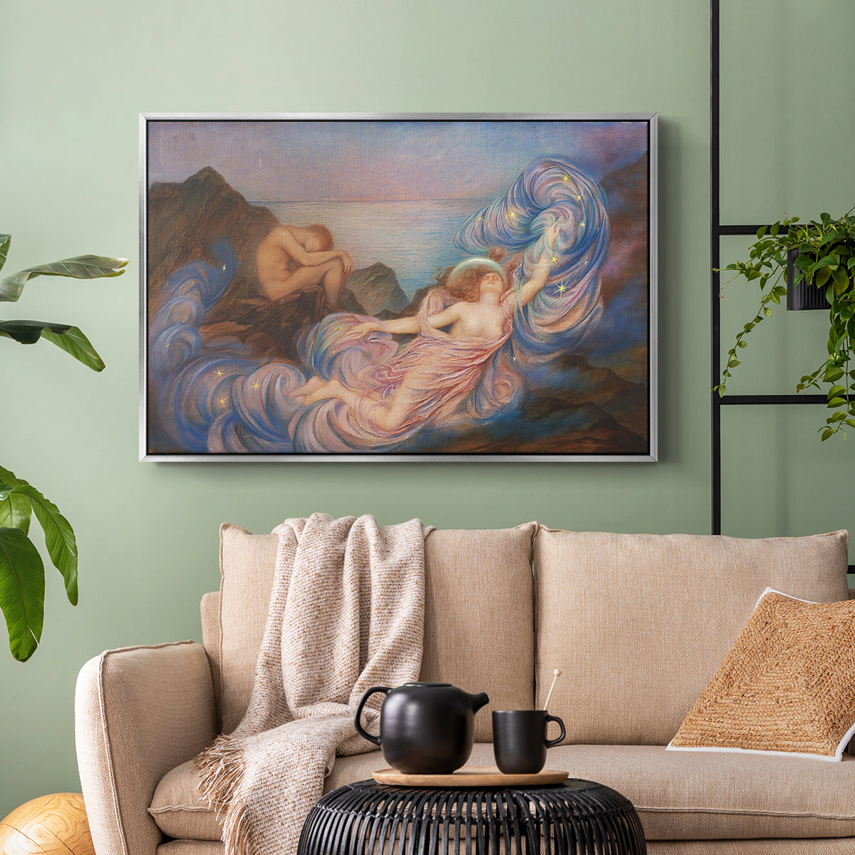 Silver floater framed canvas featuring a symbolic scene of figure surrounded by evening tones, displayed above a sofa in a modern living room.