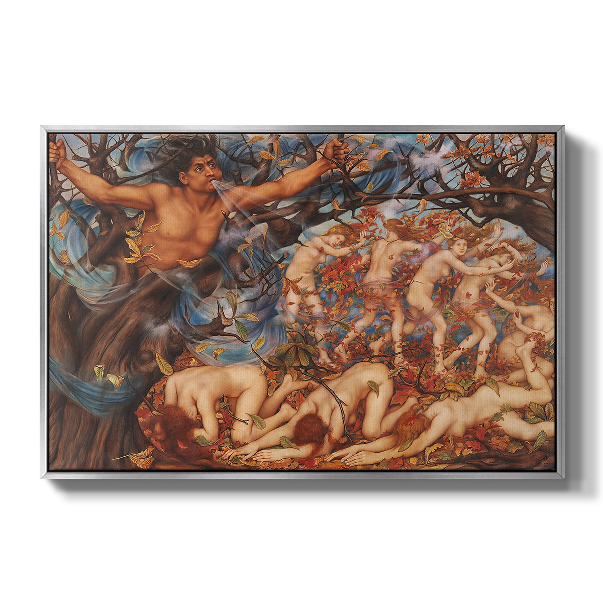 Boreas and the Fallen Leaves, c. 1910-1914 by Evelyn De Morgan in a silver floater framed canvas wall art display.