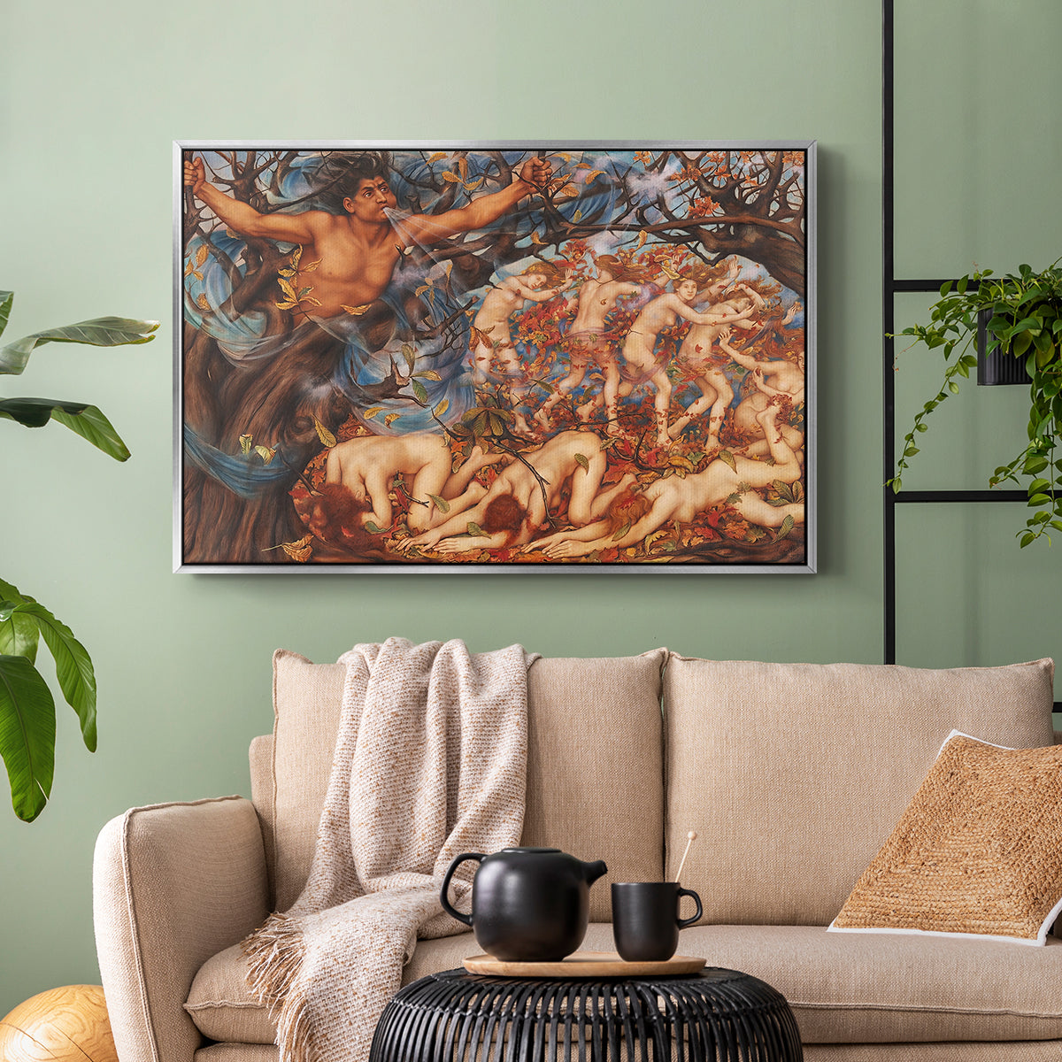 Silver floater framed canvas featuring a symbolic representation of motion and seasonal change, displayed above a sofa in a modern living room.