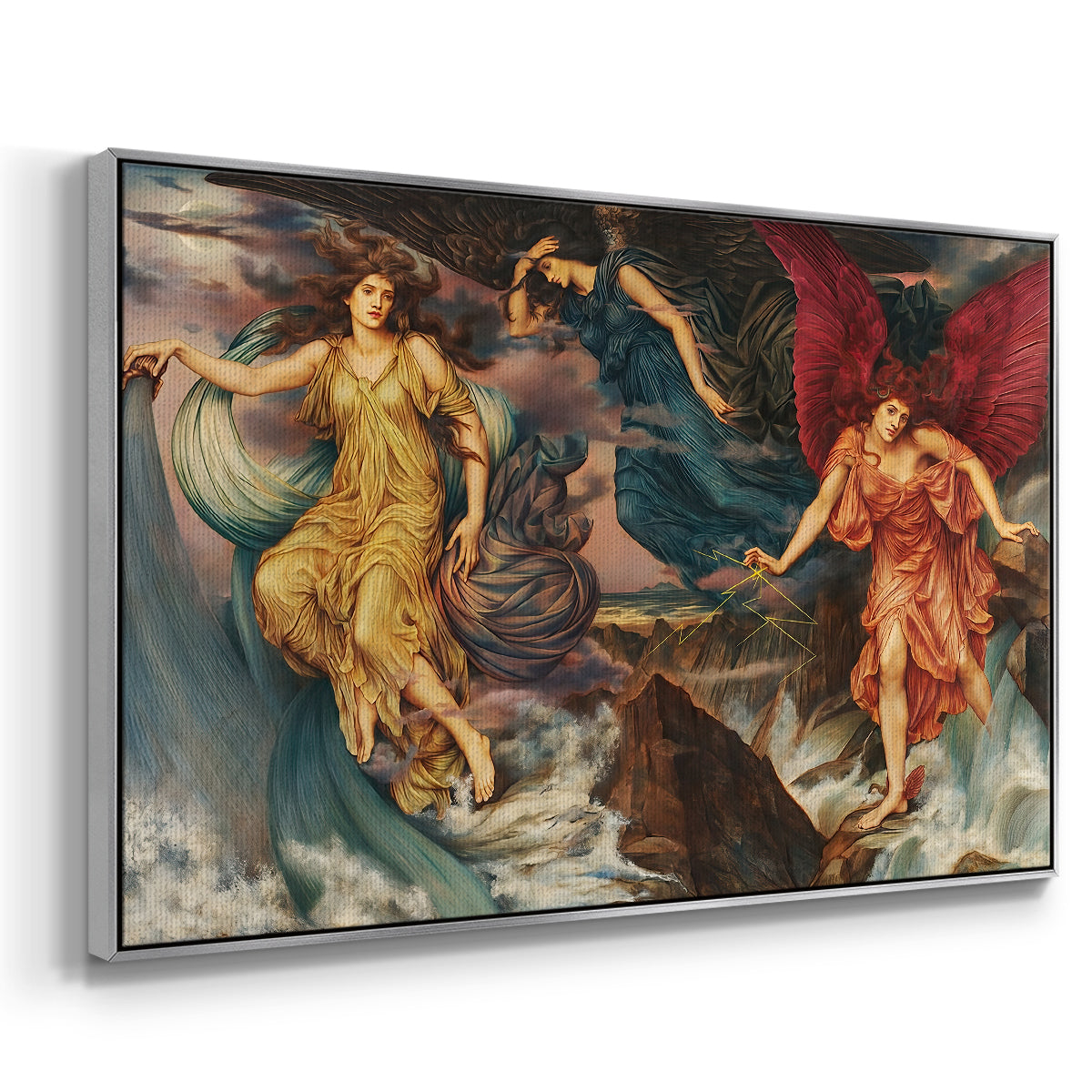 Angled view of The Storm Spirits, 1900 by Evelyn De Morgan in a silver floater framed canvas.