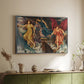 Silver floater framed canvas of The Storm Spirits, 1900 by Evelyn De Morgan, featuring a dramatic allegory of spirits moving within turbulent sky above a sideboard in a softly lit hallway.