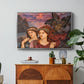 The Vision, 1914 by Evelyn De Morgan in a silver floater framed canvas featuring two female figures gazing outward with vivid sky behind them, displayed above a wood console cabinet.