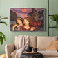 Silver floater framed canvas featuring an allegorical scene emphasizing emotion and color, displayed above a sofa in a modern living room.
