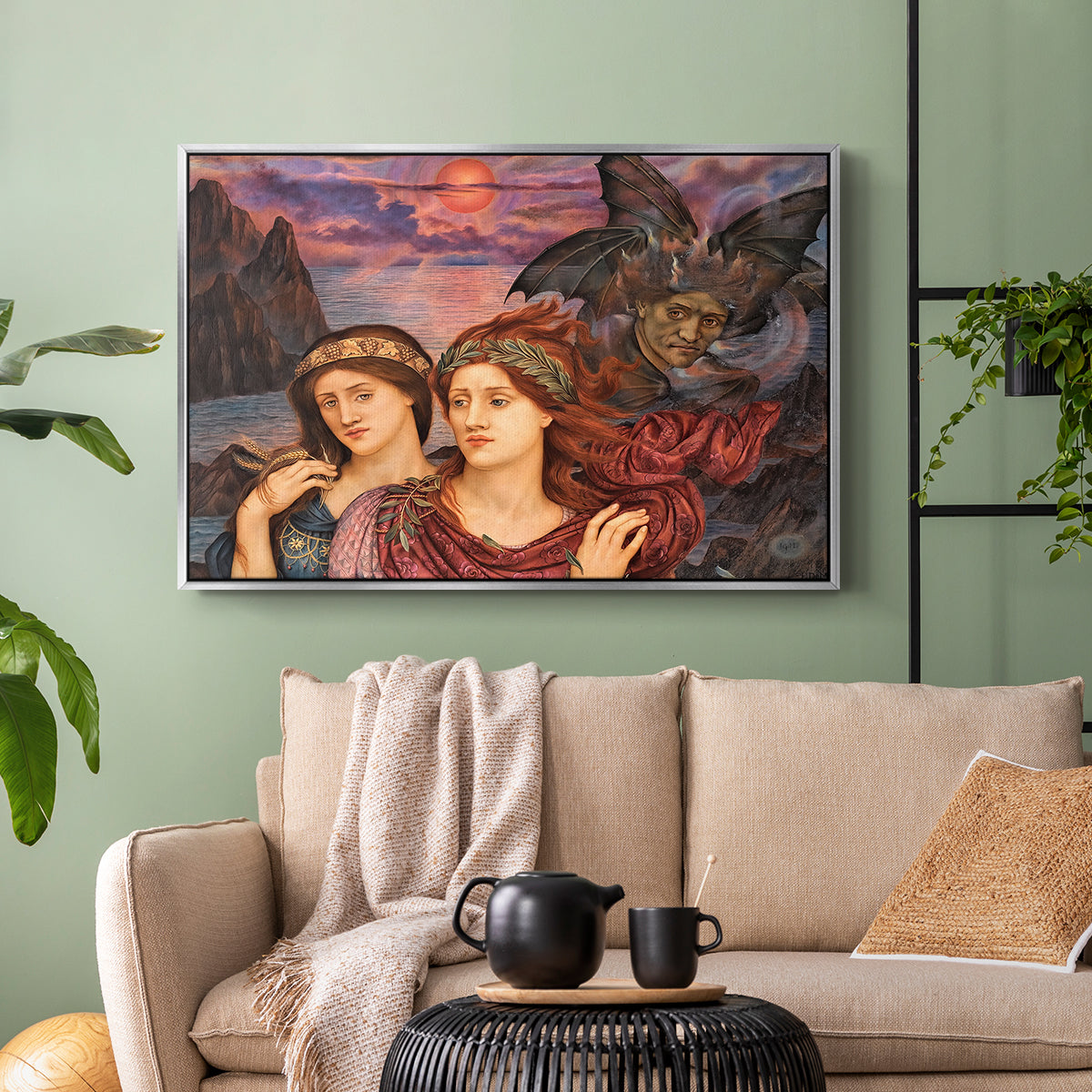 Silver floater framed canvas featuring an allegorical scene emphasizing emotion and color, displayed above a sofa in a modern living room.